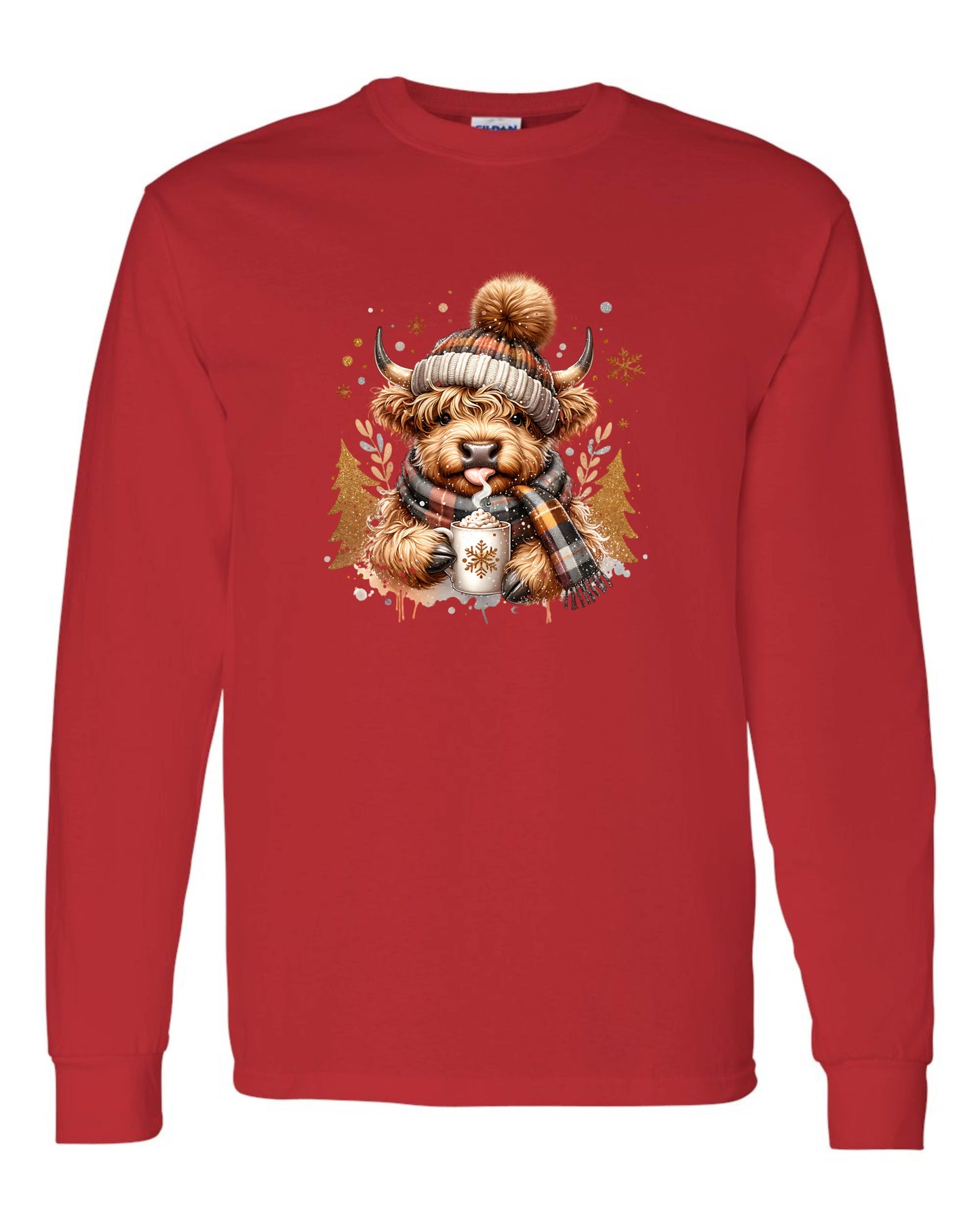 Highland Cow Gold Trees Cocoa Christmas Long Sleeve T-shirts