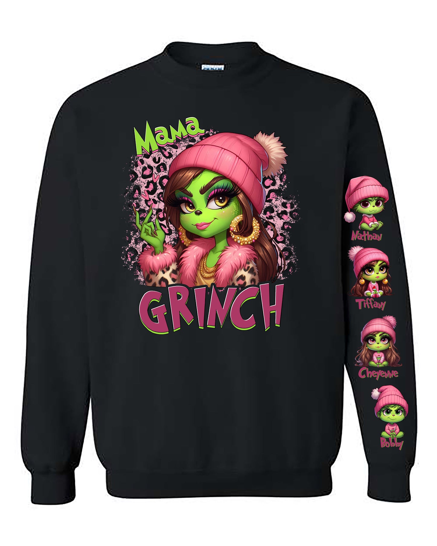 Mama Grinch with Babies on Sleeve Sweatshirt Heavy Blend