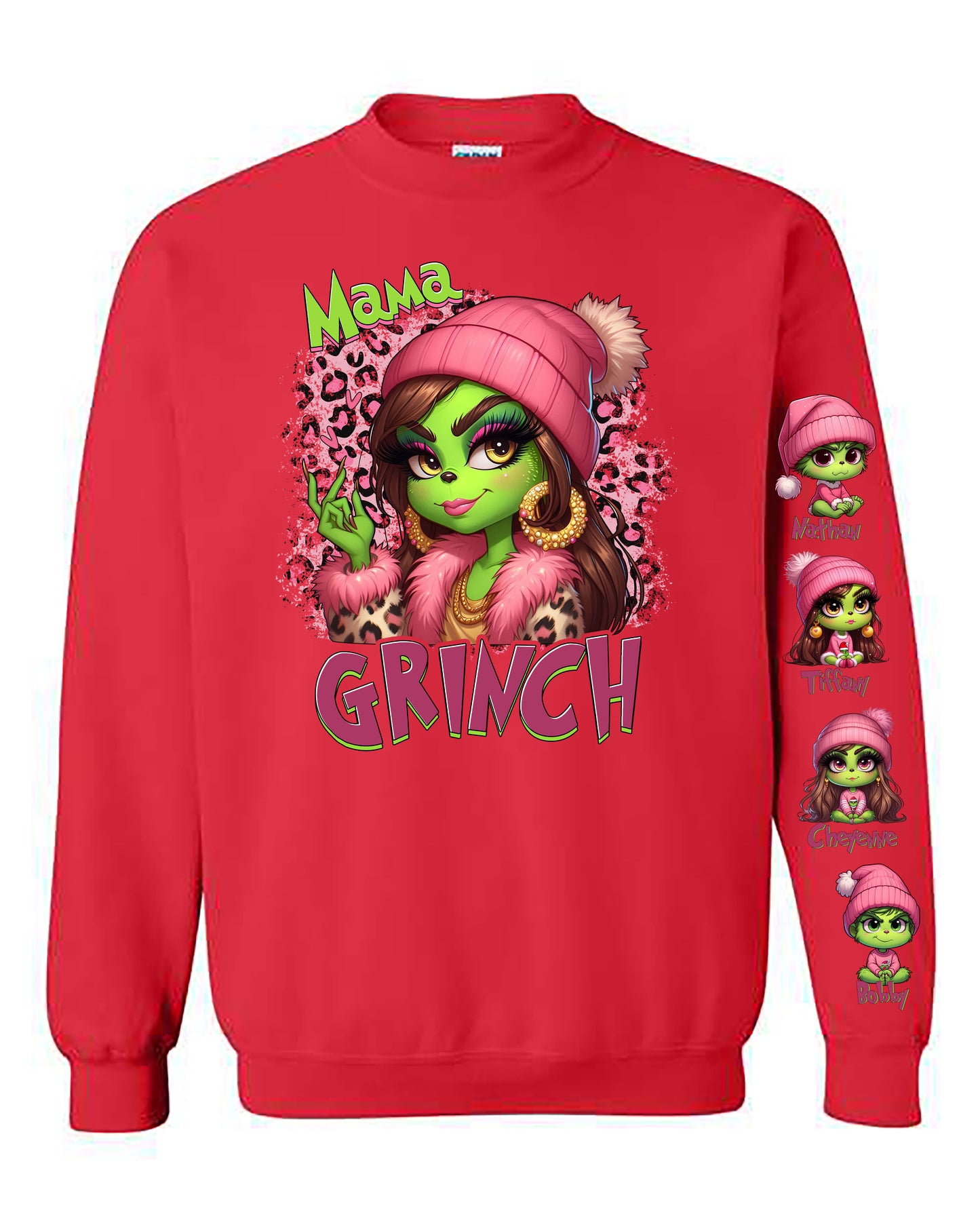 Mama Grinch with Babies on Sleeve Sweatshirt Heavy Blend