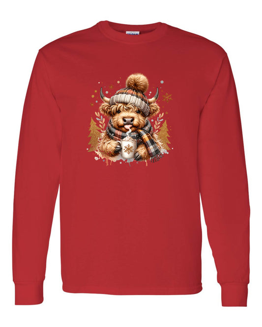 Highland Cow Gold Trees Cocoa Christmas Long Sleeve T-shirts